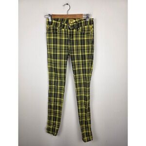 Tripp NYC Yellow Black Plaid Skinny Jeans Punk Lace‎ Up Back Skull Rivets Size 1